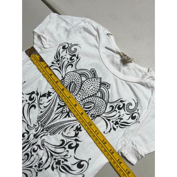 Vocal Women’s Fleur de Lis Rhinestone Long T-Shirt Made in USA White Size Medium - Picture 6 of 9